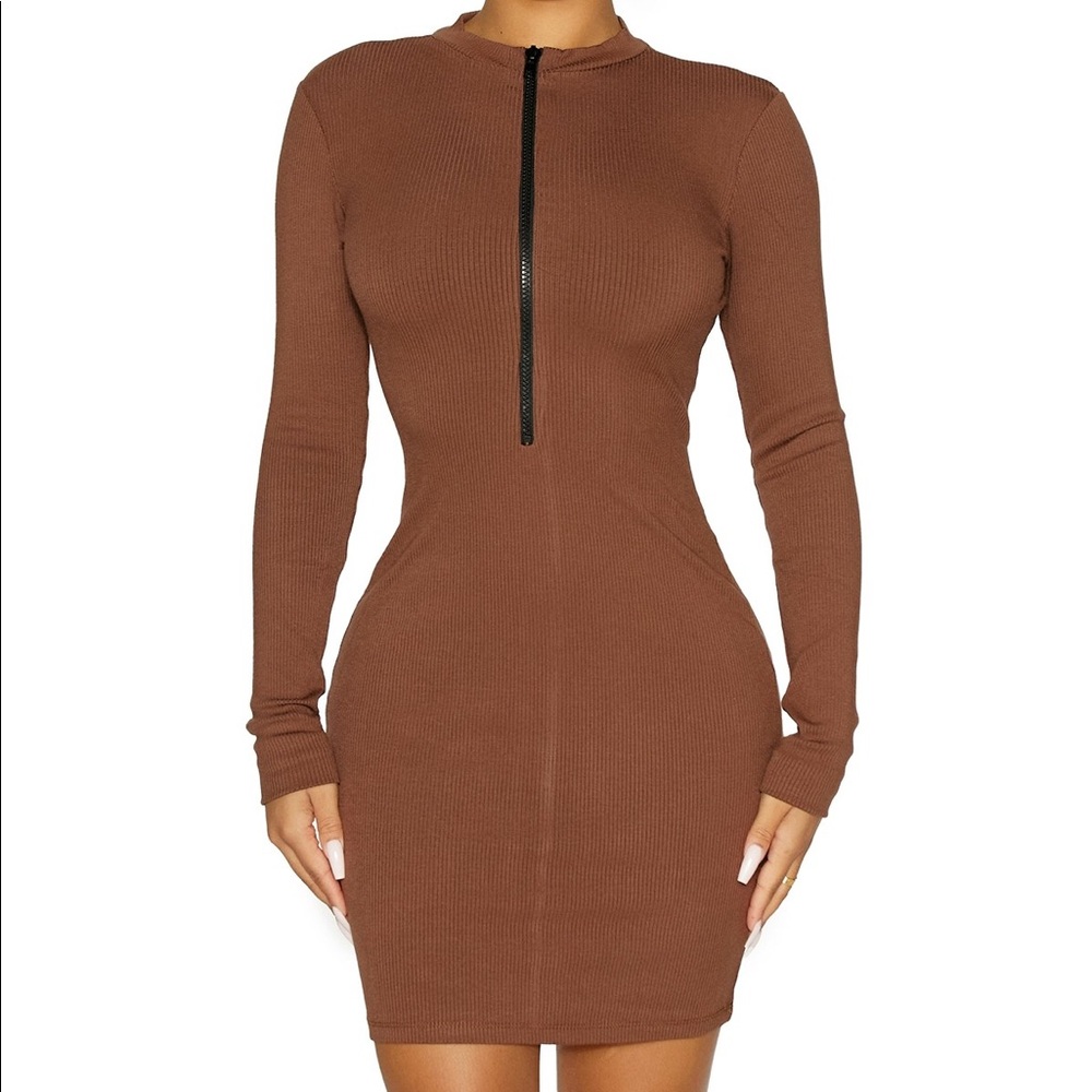 Naked Wardrobe Zip It for Me Snatched Dress in Chocolate - Picture 2 of 4
